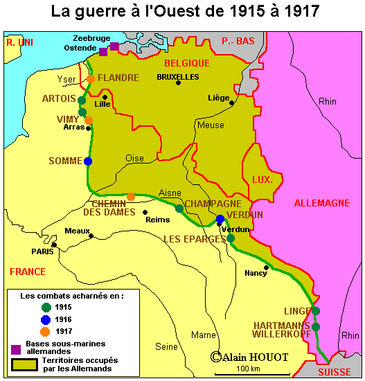 La guerre sur le front Ouest de 1915 à 1917 (carte : Alain Houot, pour Herodote.net)